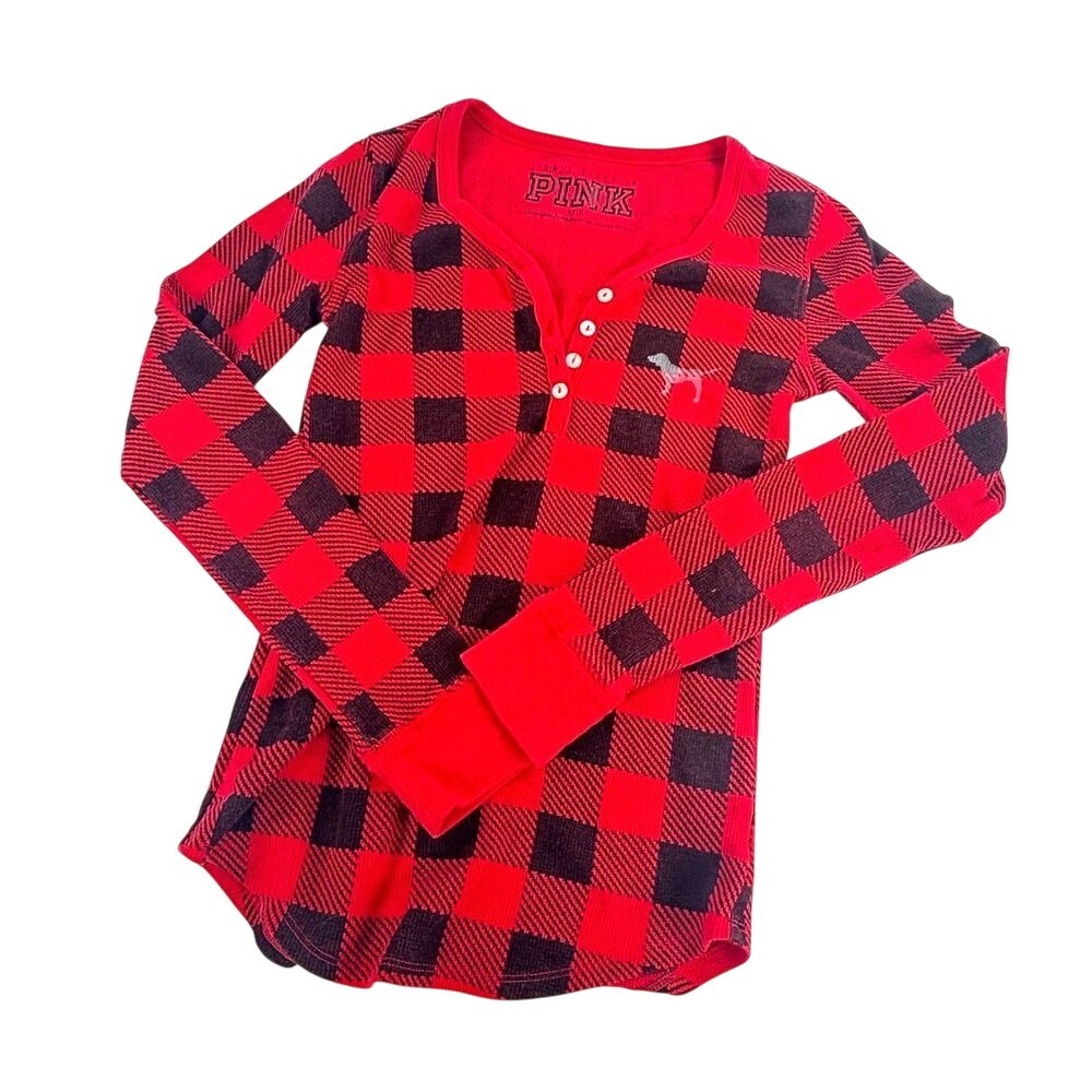 VS Pink Long‎ Sleeve Top Henley Buffalo Check Sz XS Red Black Plaid Sleep Fitted